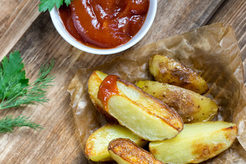 Baked potatoes with ketchup and greens