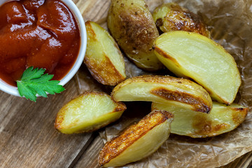 Baked potatoes with ketchup and greens