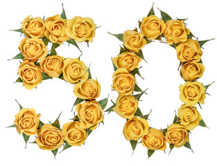Arabic numeral 50, fifty, from yellow flowers of rose, isolated on white background