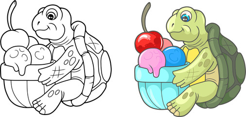 Cartoon cute turtle eating delicious ice cream