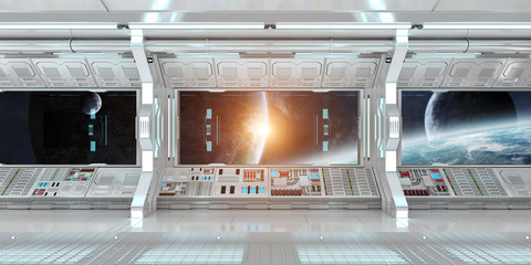 Spaceship interior with view on distant planets system 3D rendering elements of this image...