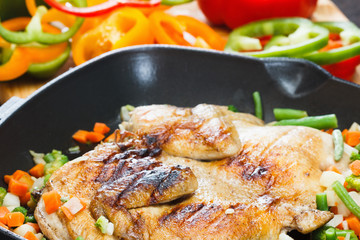 Whole grilled chicken on grill pan