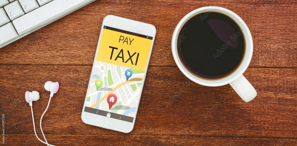 Poster composite image of vector image of pay taxi text with map