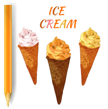 ICE CREAM drawings on white and realistic pencil. VECTOR illustration. Colorful ice cream, orange and yellow.