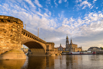 Dresden city skyline at Elbe River and Dresden Cathedral when sunset, Dresden, Germany