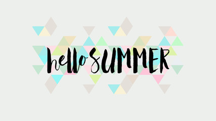 Hello summer calligraphic quote on fresh colorful abstract pattern, isolated, for positive thinking, optimism and happiness. aspect ratio 16:9.