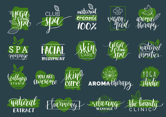 Vector health and beauty care labels. Spa,yoga centers badges. Wellness signs. Hand drawn tags set for organic cosmetics