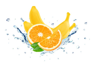Fototapeta na wymiar Banana and orange splash water isolated