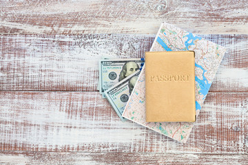 objects for travel isolated on a wooden background