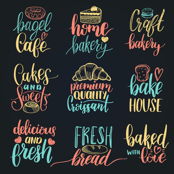 Vector set of vintage bakery hand lettering.Calligraphy collection with cookie Illustrations for print and web projects.