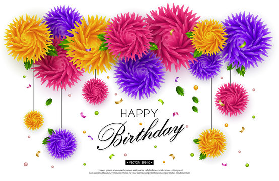 Birthday, jubilee, anniversary. Background with 3d flowers and text on white background. Paper art. Templates for greeting cards, placards, banners, flyers. Vector illustration