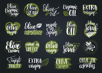 Vector hand lettering olive production signs.Sketched extra virgin oil illustrations set for farm,cosmetics produce etc.