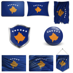 Set of the national flag of Kosovo in different designs on a white background. Realistic vector illustration.