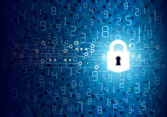 Vector security concept of padlock with digital technology on blue abstract digital numbers background design