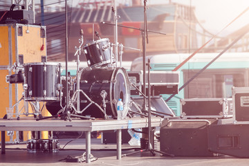 Performance stage with drums before the show. Backstage before a concert