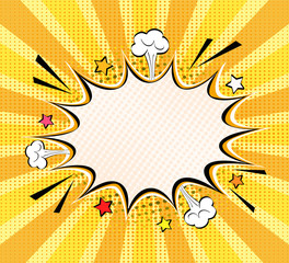 Comic empty speech bubble with space for your text, dots, stars and clouds. Vector bright dynamic cartoon illustration in retro pop art style on halftone background.