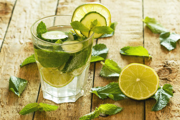 Refreshing drink with cucumber, lime and mint