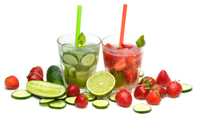 Refreshing drink with strawberry, lime and cucumber