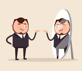 Fototapeta premium Happy smiling narcissistic businessman office worker character looks at mirror. Vector flat cartoon illustration