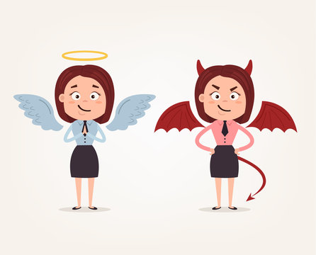 Angel and devil business woman office workers characters. Good and bad. Vector flat cartoon illustration