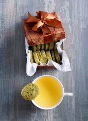 Fototapeta na wymiar Green tea biscuits and cup of tea