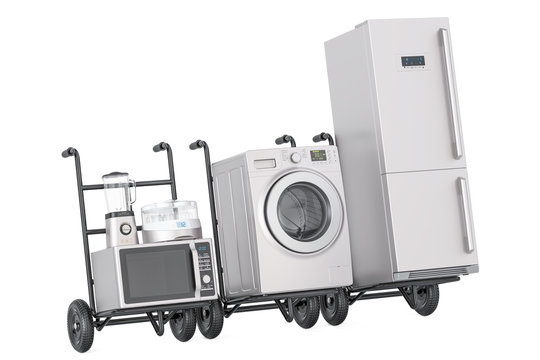 Delivery of household kitchen appliances. Hand trucks with fridge, washing machine, microwave oven, blender and yogurt maker, 3D rendering