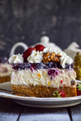 Curd cake with jelly and berries