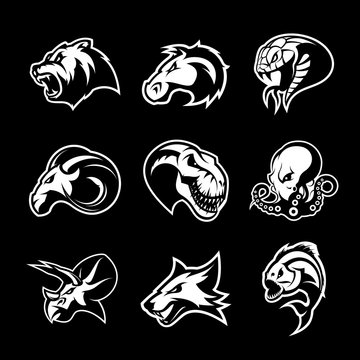 Bear, horse, snake, ram, fox, piranha, dinosaur, octopus head isolated vector logo concept. 
Modern badge mascot design. Premium quality wild animal, fish, reptile t-shirt tee print illustration.