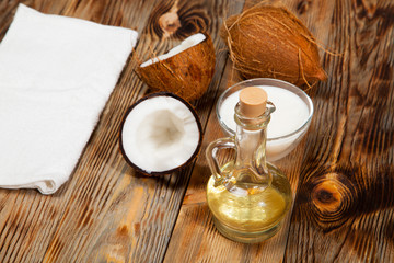 Coconut oil,  on a wooden background