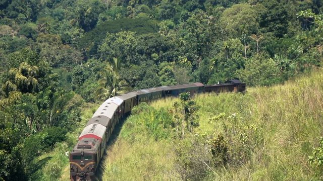 Old train riding through forest in Sri Lanka, super slow motion 120fps
