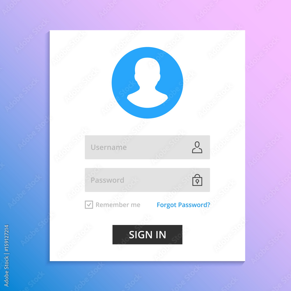 Poster vector login form page. sign in to account concept. white login box with shadow. username, password 