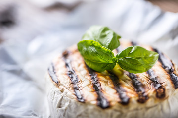 Camembert cheese. Grilled camembert cheese with olive oil and basil leaves.