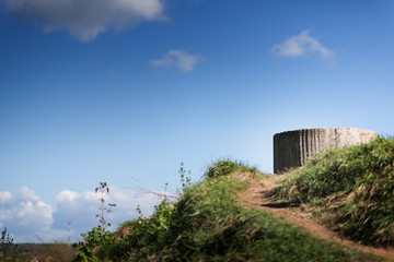 Fototapeta premium A World War Two concrete pillbox on the hill in Russia near the Moscow. Shows the entrance, an embrasure and a central anti aircraft gun well on top. Background of trees.