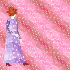 Beautiful girl model, dress, red floral hat, pink polka dot wave background. Colorful vector design. Illustration for fashion of week.