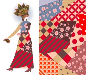 Abstract fashion girl model, dress, paisley floral hat, patchwork pattern. Vector design.