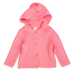 Baby knitted long sleeve hooded top isolated