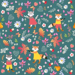 Seamless vector pattern with cute cartoon little foxes, cats, isolated on green. Picture for baby. Daisy and bell flowers, mushrooms, strawberry, oak and maple autumn leaves. Paper, wallpaper, fabric.