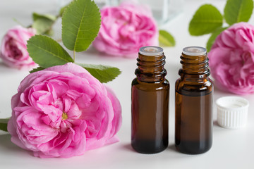 Two bottles of rose essential oil with rose flowers in the background