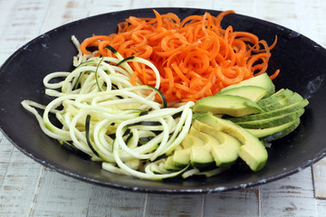 superfood: bowl with zucchini carrot noodles, avocado, goji and chia seeds on wooden background