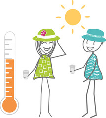 Deux personnes se protègent de la chaleur avec des chapeaux et un verre d'eau