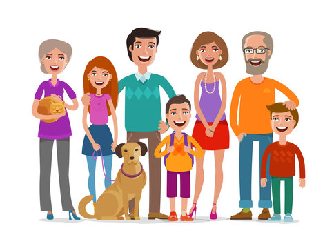 Big happy family. Group of people, parents and children concept. Cartoon vector illustration