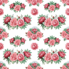 Seamless watercolor pattern with flowers and leaves, isolated on white background