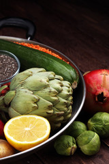 Naklejka premium Vegetables, fruit, seeds, cereals, beans, spices, superfoods, he