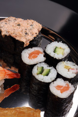 close up of sashimi sushi set with chopsticks and soy - sushi roll with salmon and sushi roll, delicious maki and nigiri