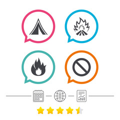 Tourist camping tent sign. Fire flame icons.