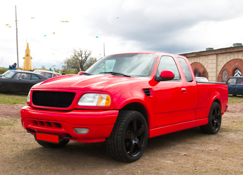 Red American pickup.Saint-Petersburg, Russia. Show AutoPhotoCrazy 2017.