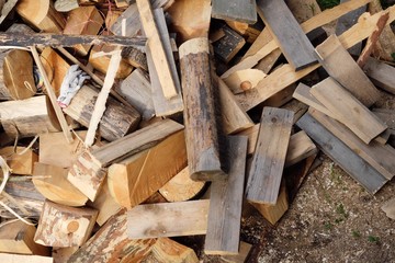 Firewood in the yard different sizes