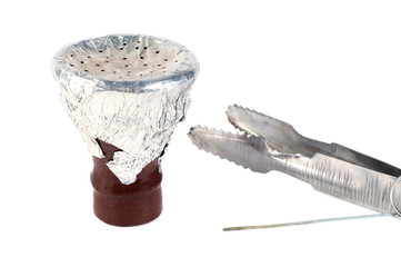 Bowl for shisha and tongs on white background