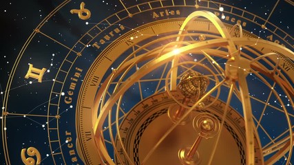 Zodiac Signs and Armillary Sphere On Blue Background. Seamless Looped. 3D Animation. - Powered by Adobe