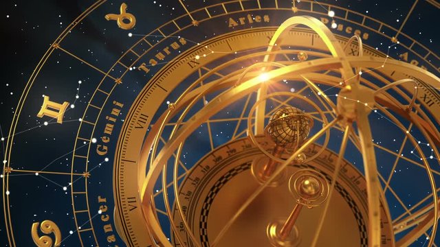 Zodiac Signs and Armillary Sphere On Blue  Background. Seamless Looped. 3D Animation.
